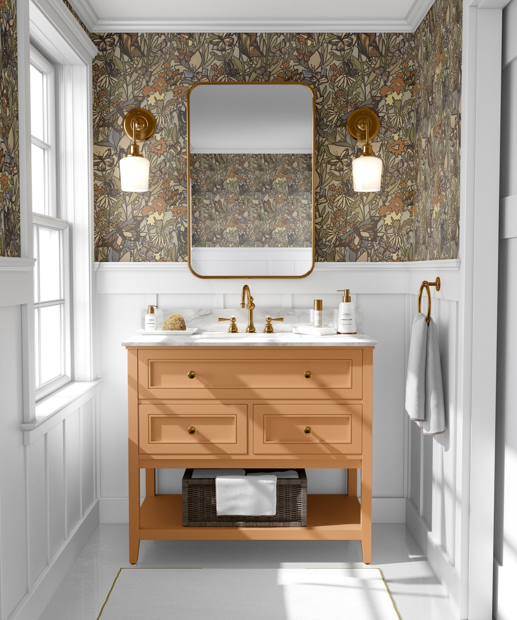 A bathroom wall covered in a floral and butterfly wallpaper, featuring an elegant mix of flowers and butterflies in soft colors on a neutral background, creating a serene and whimsical atmosphere.