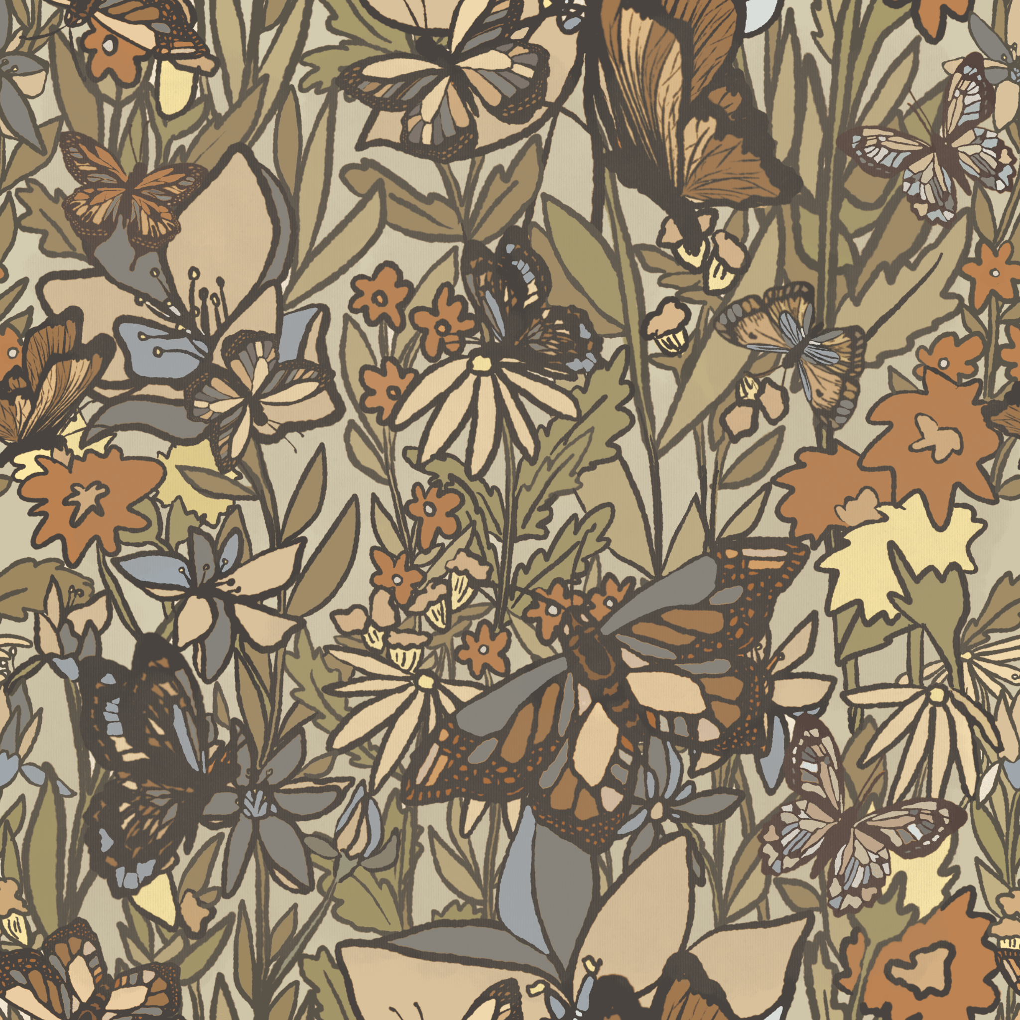 A detailed wallpaper design with various butterflies amidst floral patterns, showcasing a variety of species in a natural, muted color palette that brings a sense of calm and an outdoor feel indoors.