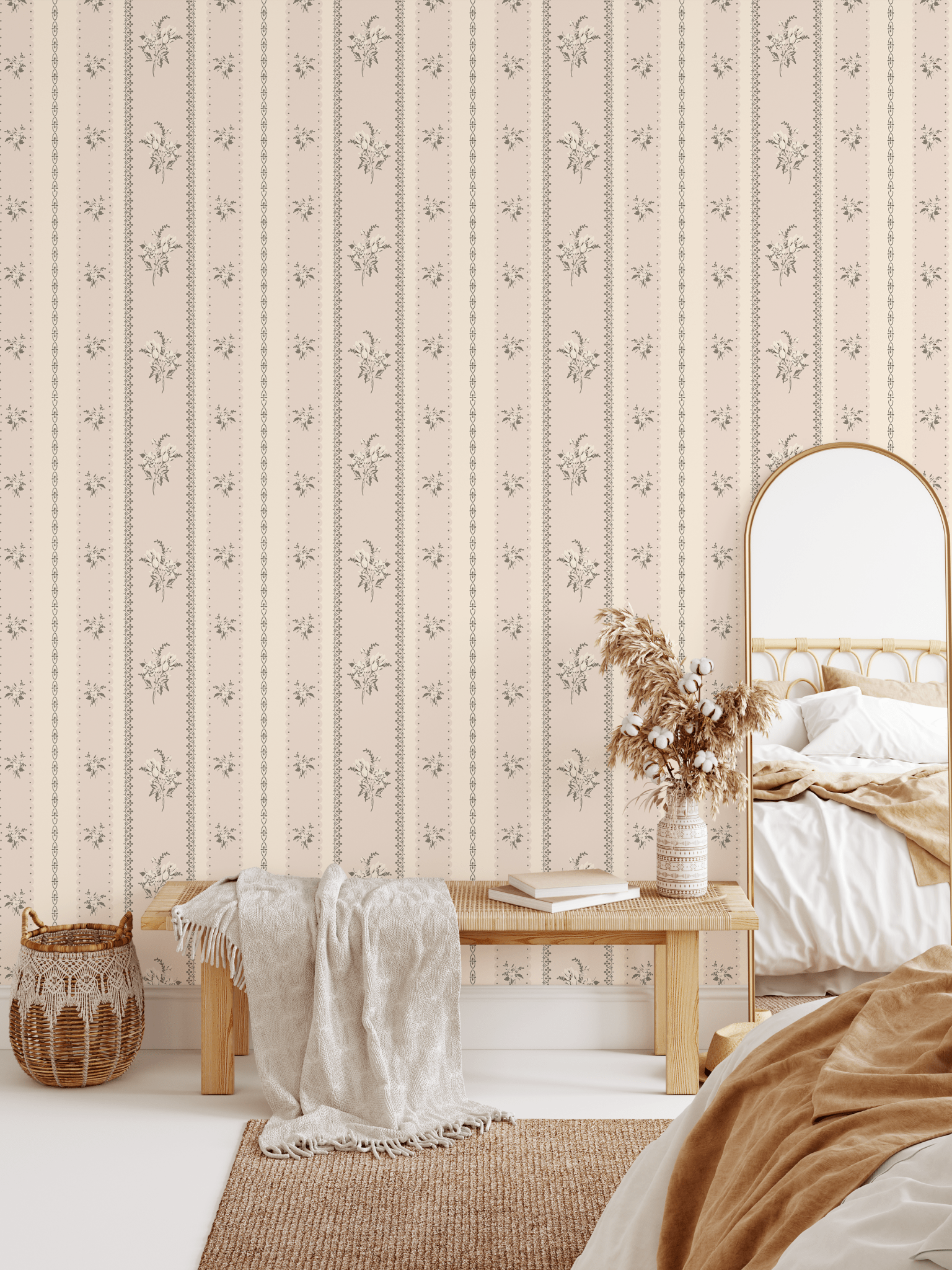 Cottagecore-style wallpaper with floral stripes in a romantic bedroom