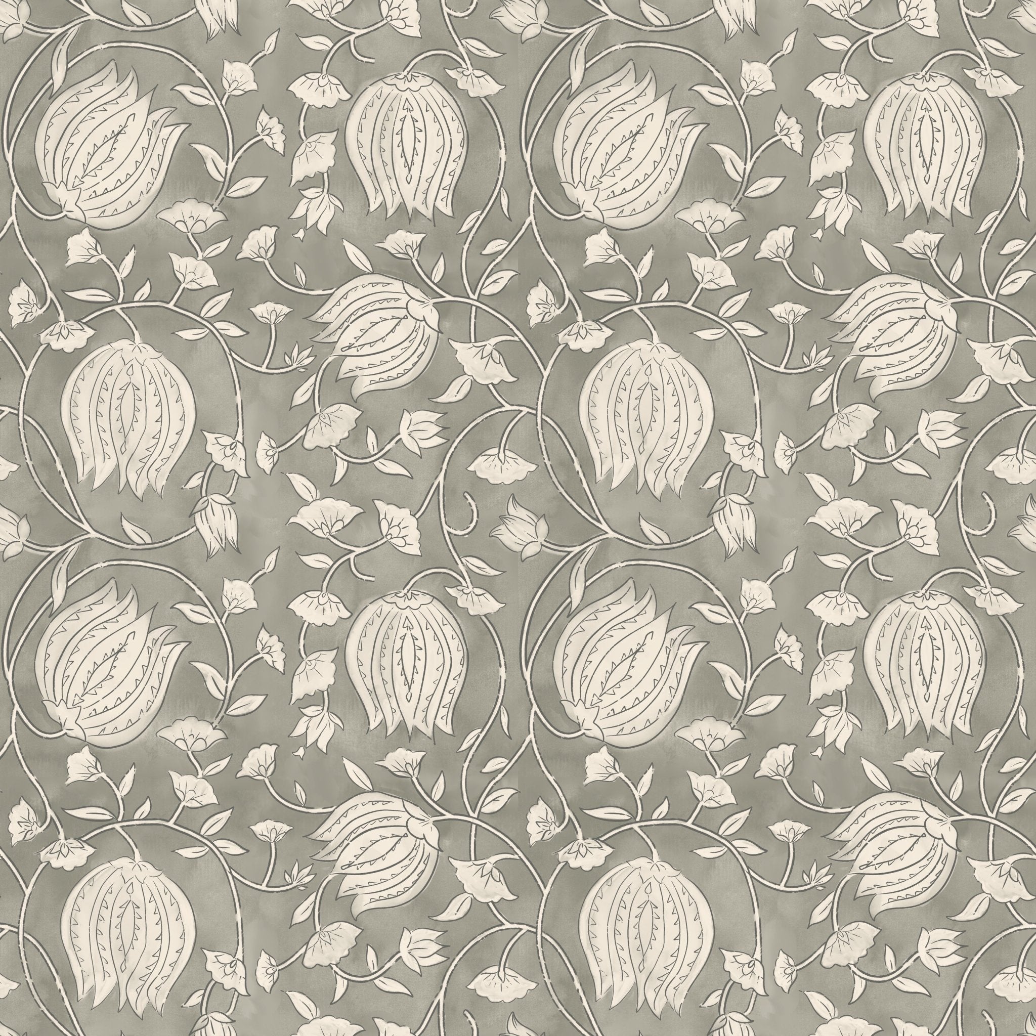 A close-up of a light grey-green lotus print wallpaper with a repeating pattern of neutral lotus flowers and vine-like stems. The design is intricate and delicate, providing a sophisticated and natural aesthetic.
