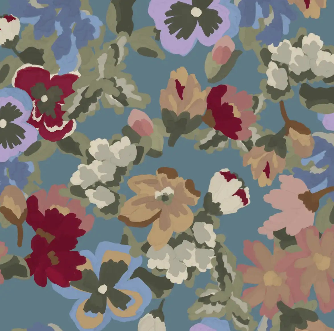 Blue Wallpaper, Pansy Flower Wallpaper, Pansy Print, Pansy Wallpaper, Easy hang Wallpaper