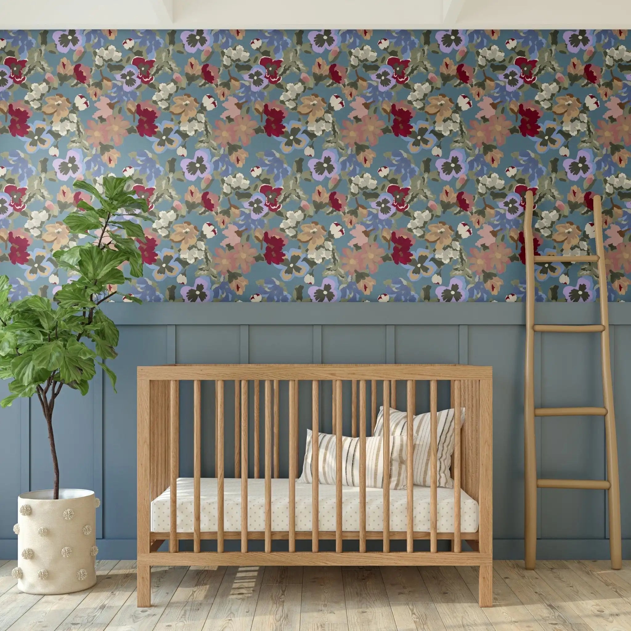 Grandma's Garden Wallpaper, Blue Wallpaper, Easy Hang Wallpaper, Removable Wallpaper, Best Peel and Stick Wallpaper