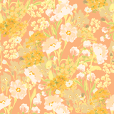 A detailed view of the Happy Floral peel and stick wallpaper, featuring a hand-painted watercolor floral design with a mix of yellow, white, and peach flowers on a soft orange background