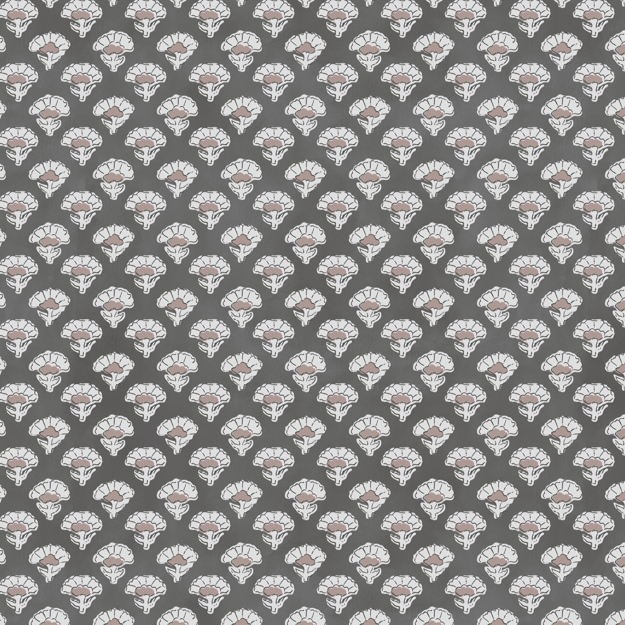 A close-up view of a dark grey wallpaper with a repeating block print pattern of white and brown stylized floral motifs. The design features small, intricately detailed flowers, creating a vintage and heritage-inspired look.