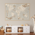 A cozy children's room with a soft toy giraffe, storage baskets, and a large removable world map wall decal adorned with vintage planes and hot air balloons. The decal serves as both decor and an educational feature for kids.