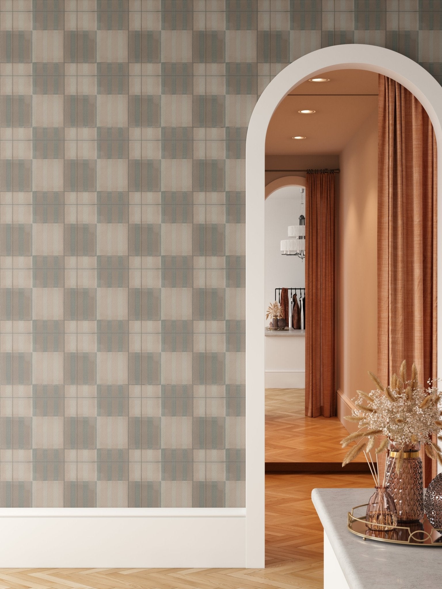 with Mediterranean tile wallpaper, blending traditional design elements with modern architecture for a chic, Mediterranean-inspired interior