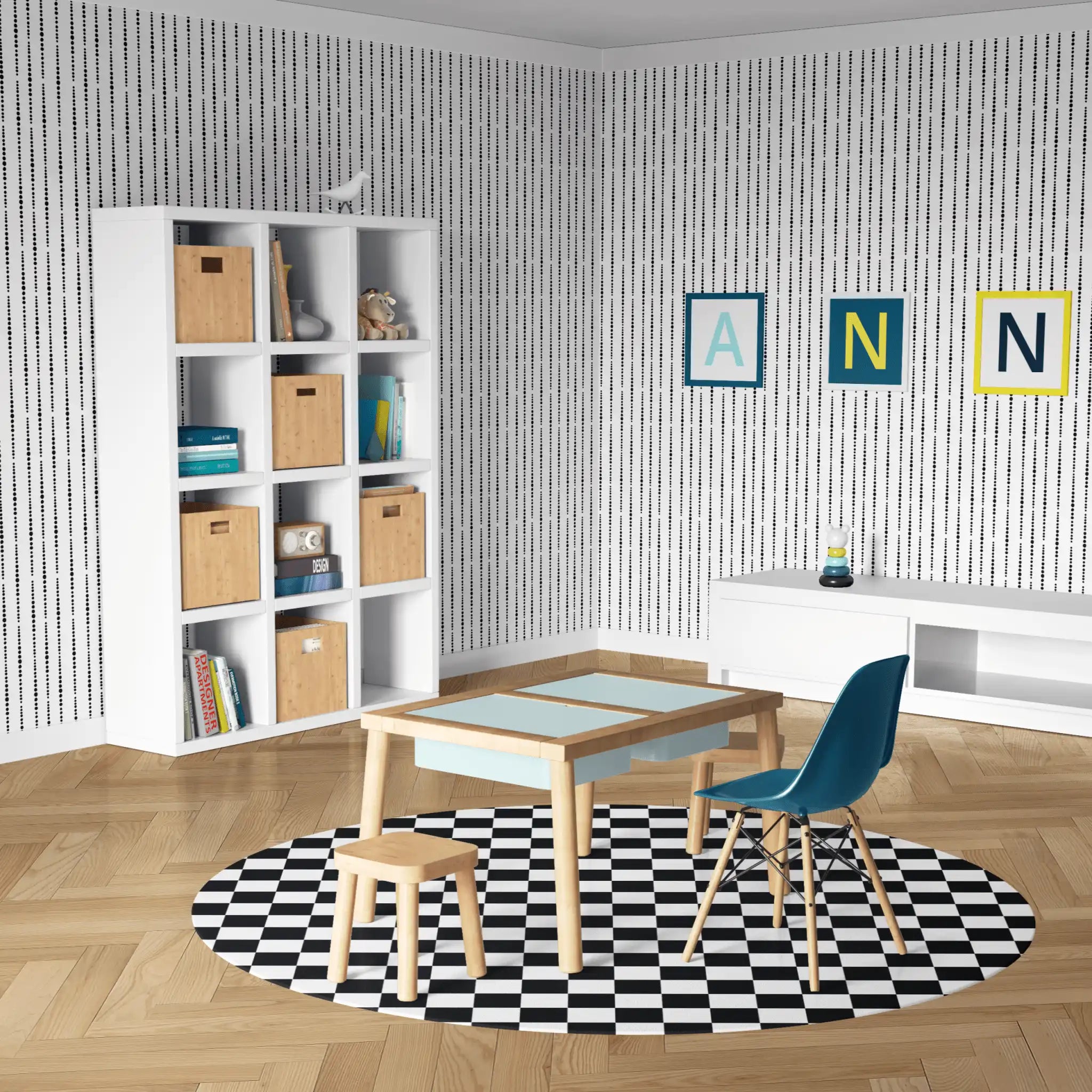 Kids' space with modern black and white wallpaper, cube shelving, and wood furniture