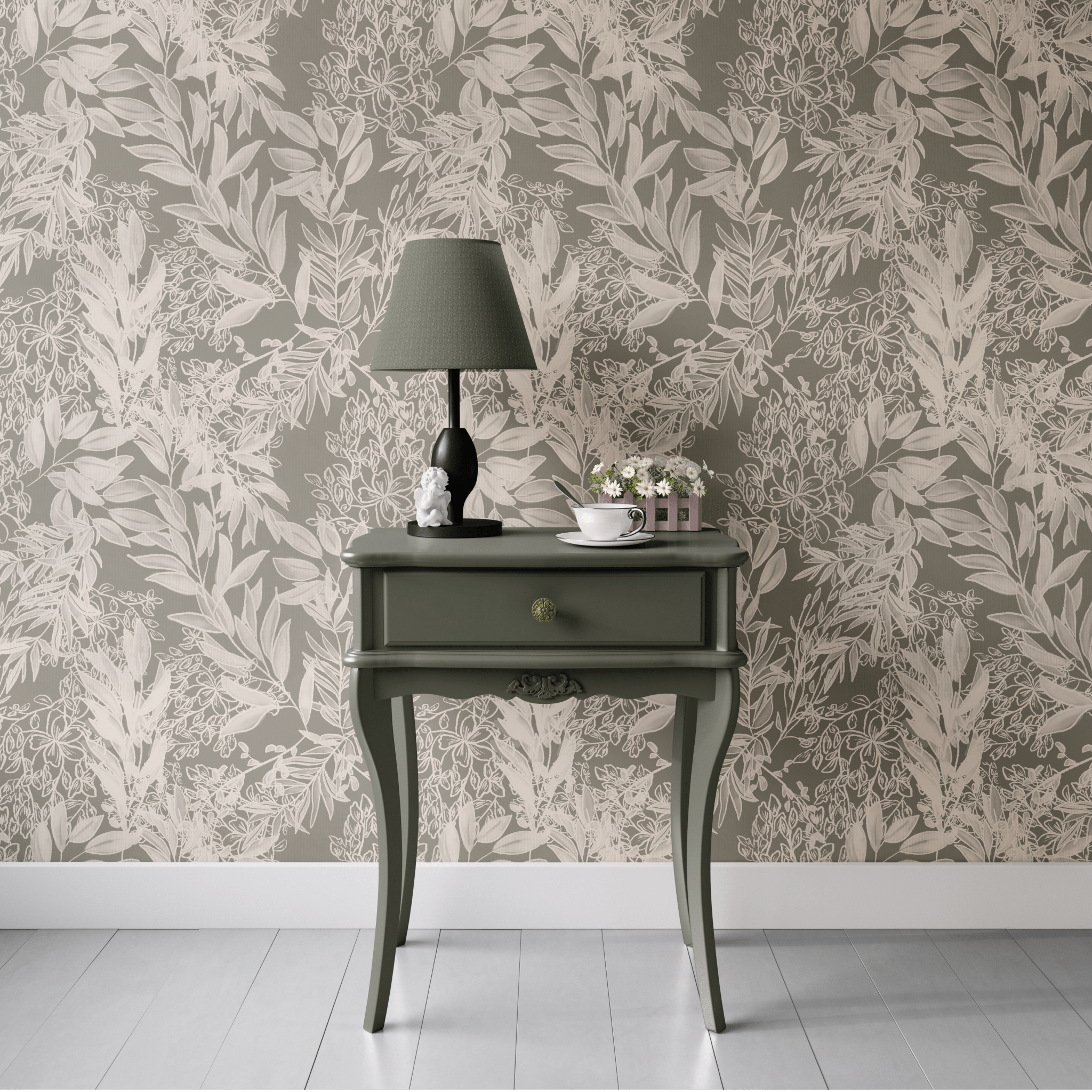 This image features a room with a leaf-patterned wallpaper in neutral cream and gray tones. There is an olive green side table with a lower shelf and a single drawer, detailed with a vintage gold knob. 