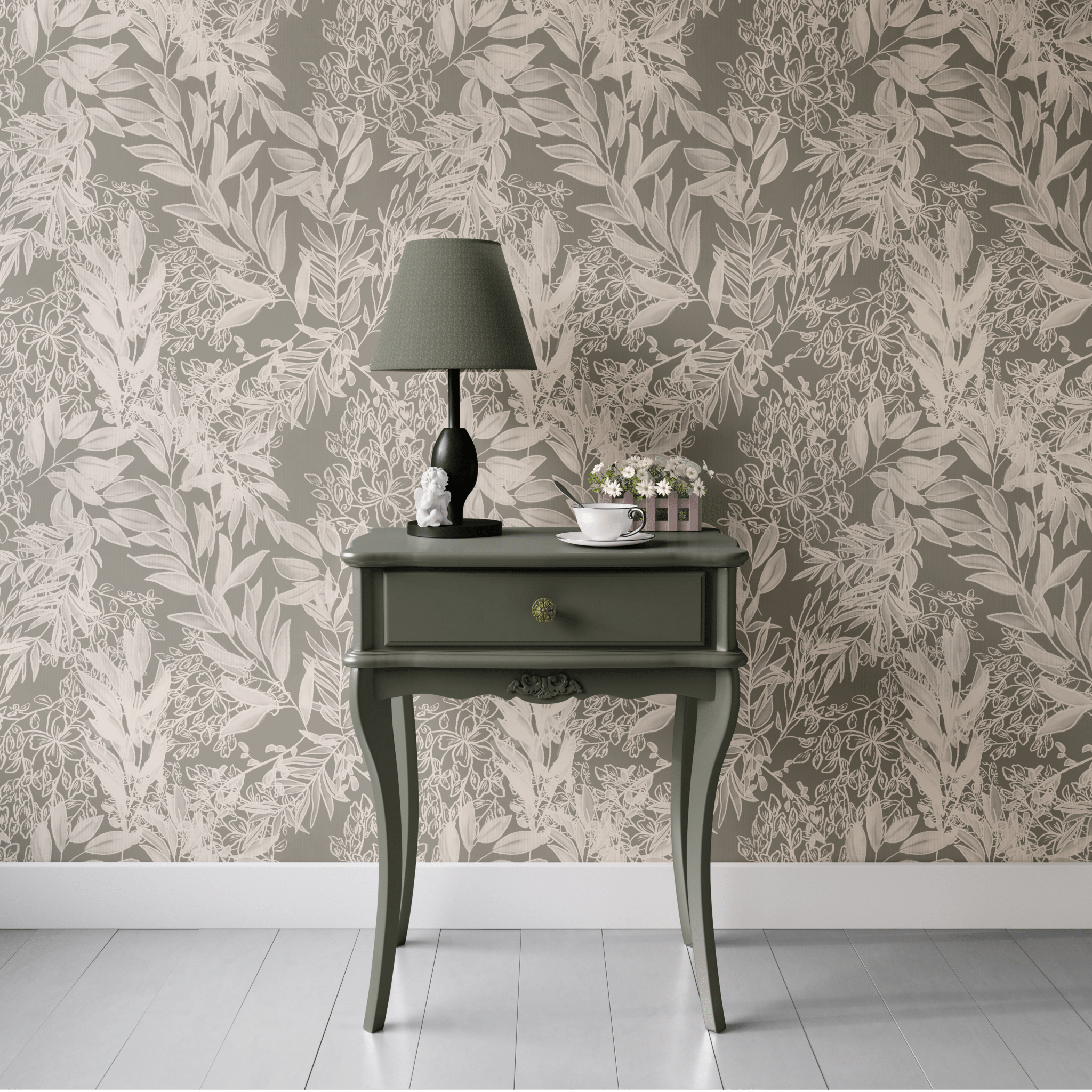 This image features a room with a leaf-patterned wallpaper in neutral cream and gray tones. There is an olive green side table with a lower shelf and a single drawer, detailed with a vintage gold knob.