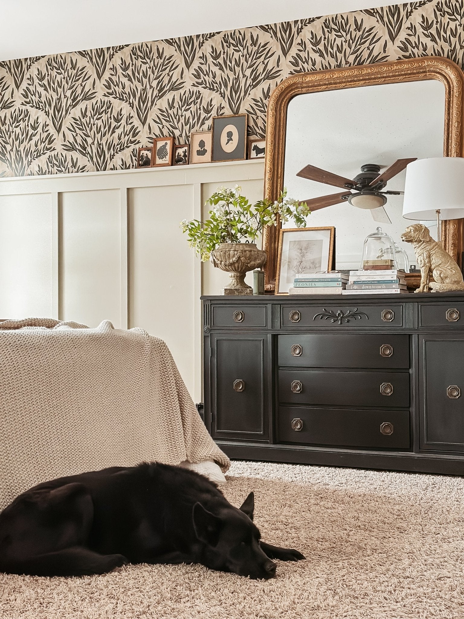 Same bedroom setup showing a sleeping black dog on a plush carpet, enhancing the homey feel. Olive branch wallpaper and black furniture remain consistent.