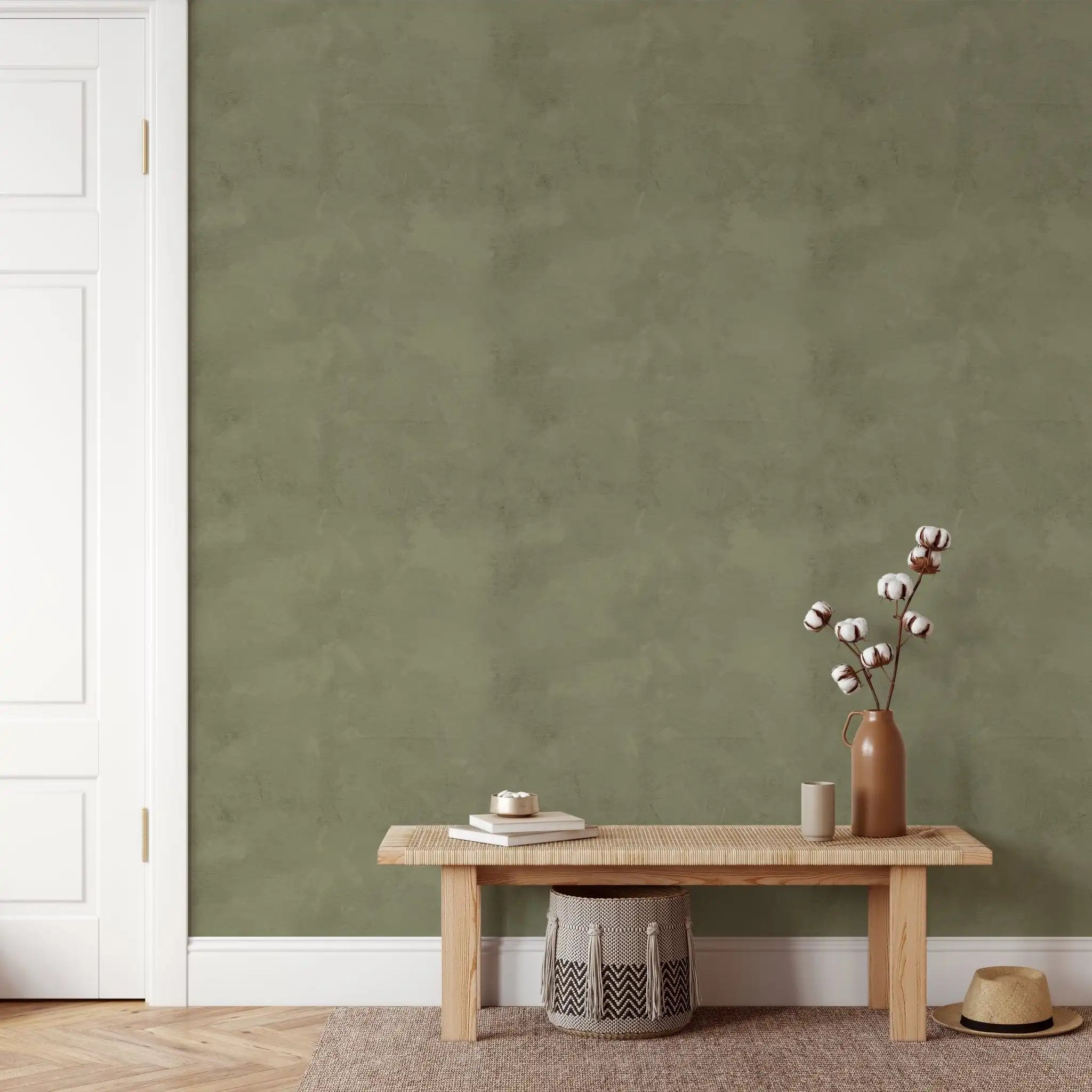Wallpaper behind wooden bench and cotton stem decor – farmhouse hallway wallpaper, olive textured wall, earthy minimalist entryway