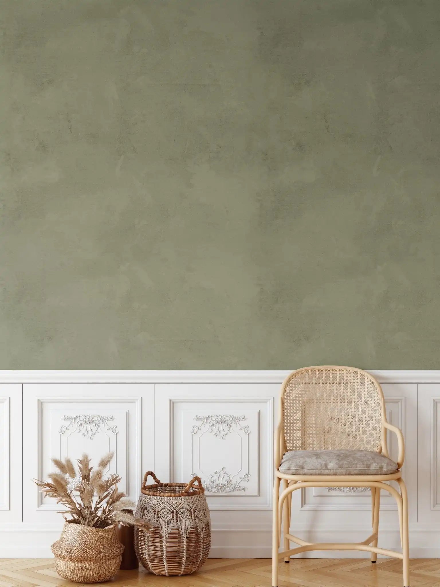 Wallpaper with wicker chair and pampas grass decor – boho green wallpaper, olive limewash accent wall, natural home style