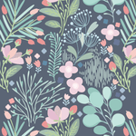Pattern of blue floral wallpaper with a variety of pastel-colored flowers and leaves, including pink, light blue, and mint green, set against a dark blue background