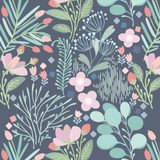 Pattern of blue floral wallpaper with a variety of pastel-colored flowers and leaves, including pink, light blue, and mint green, set against a dark blue background