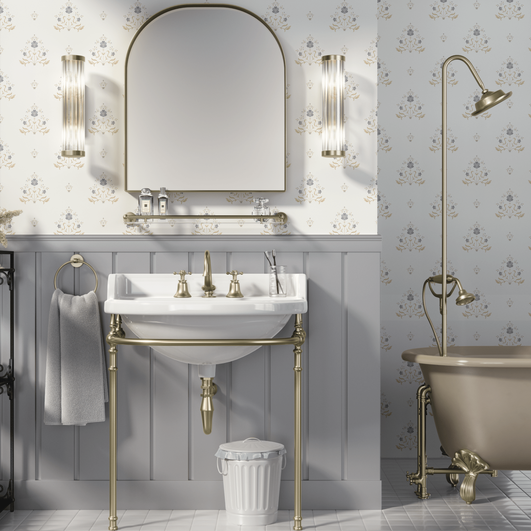 Traditional bathroom with regal floral wallpaper in blue and gold patterns, featuring a vintage sink with brass fixtures, a matching bathtub, and elegant lighting