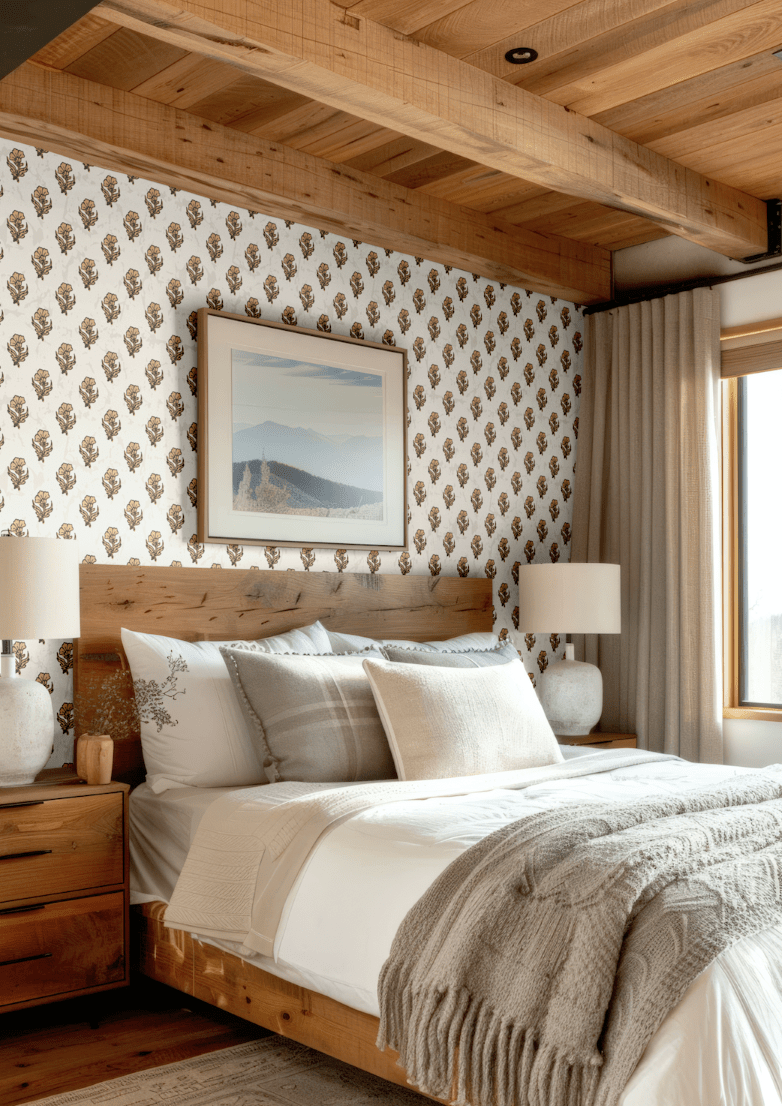 Bright bedroom featuring floral wallpaper and soft linens.