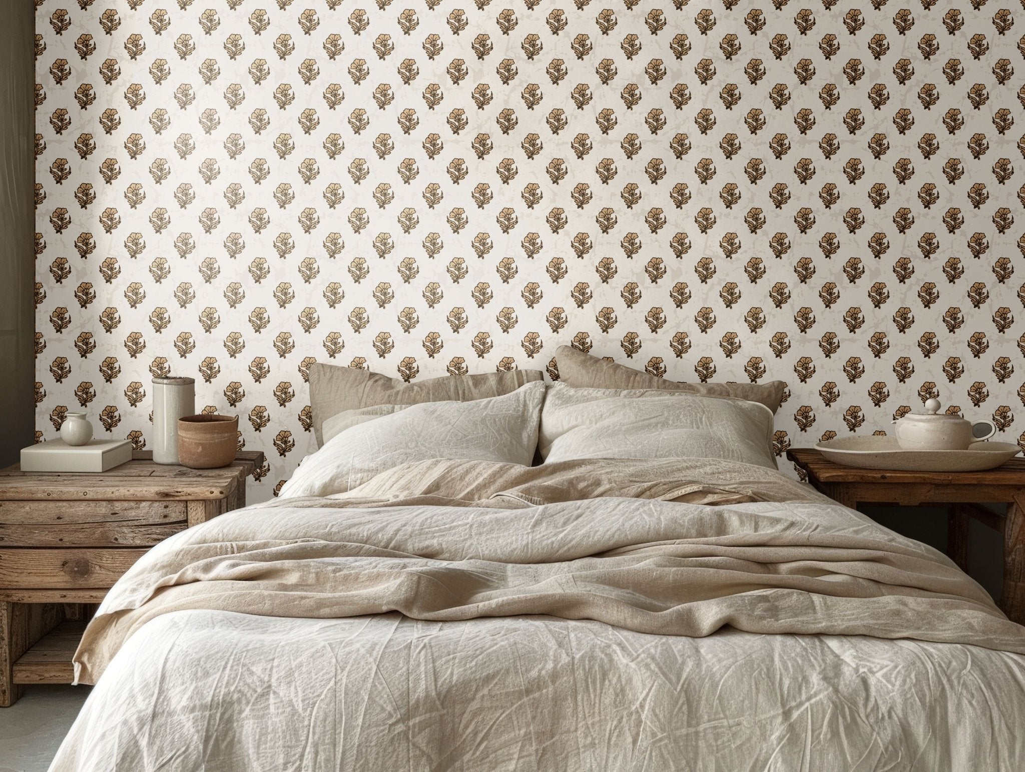 Rustic bedroom showcasing Regencycore floral wallpaper with warm tones.