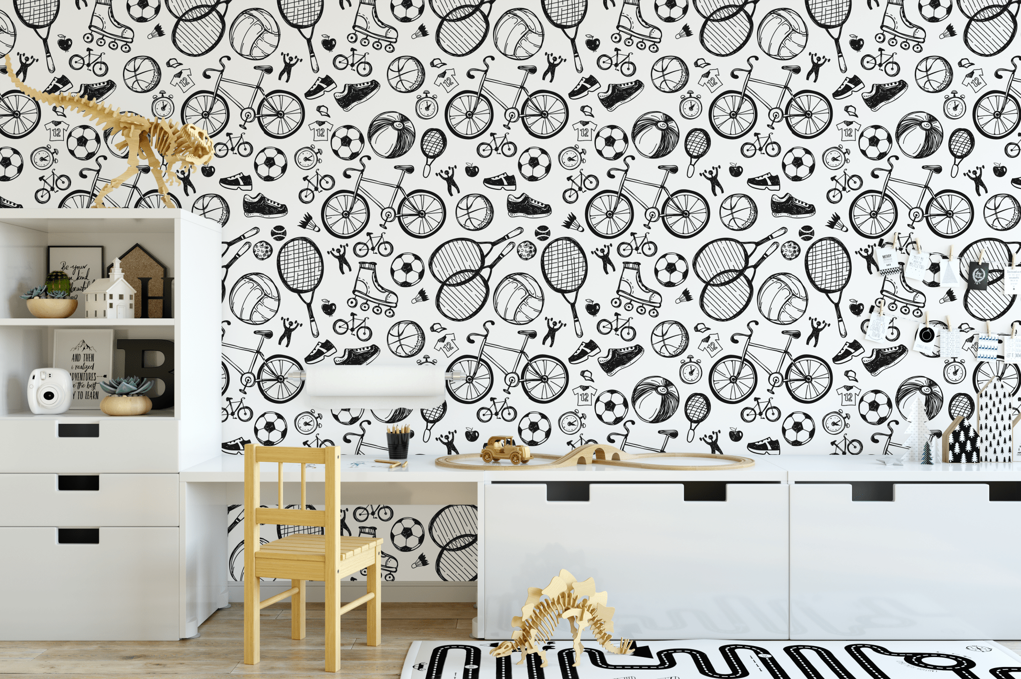 Playroom featuring retro sports-themed wallpaper with desk and decor.
