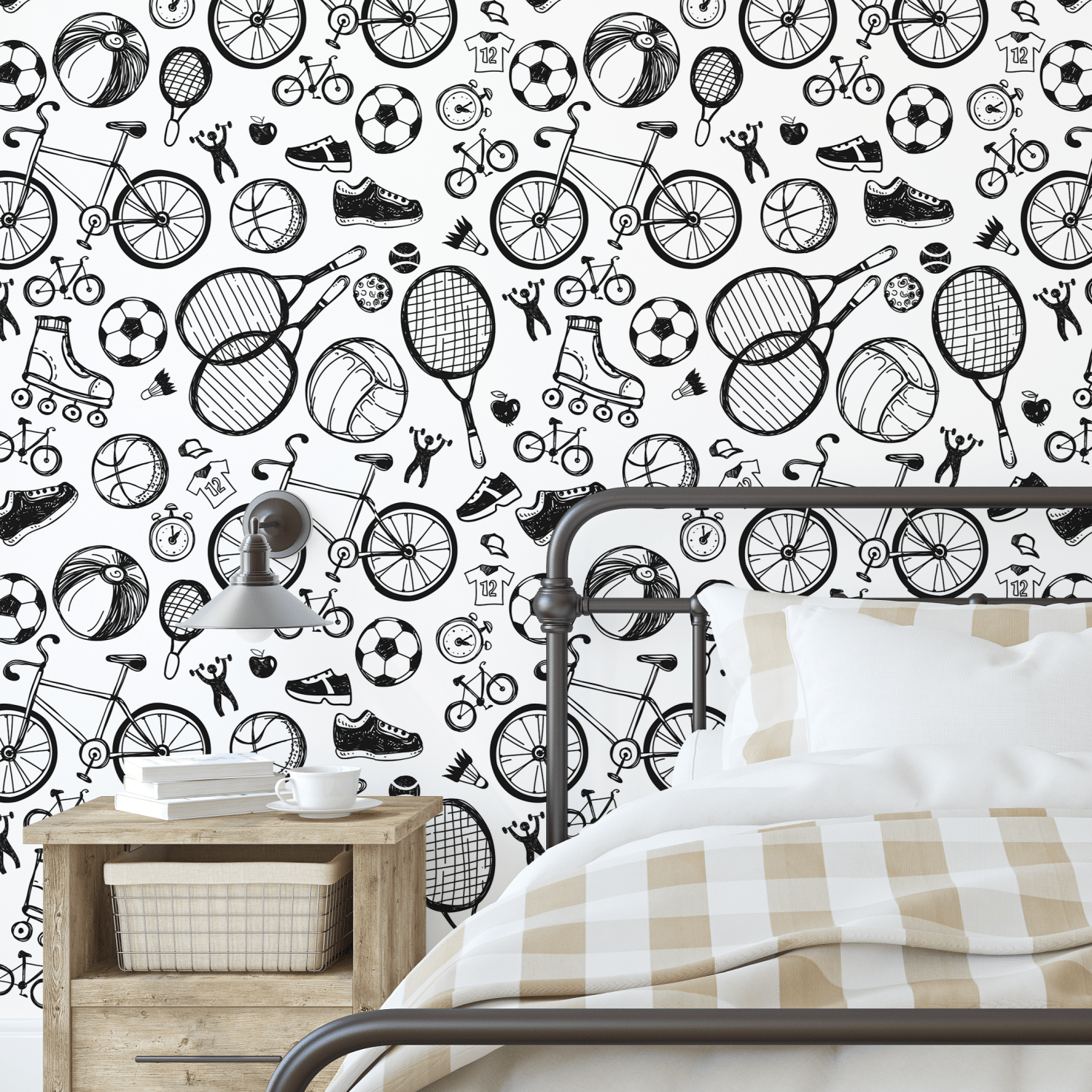 Retro sports wallpaper for a teenager's bedroom makeover.
