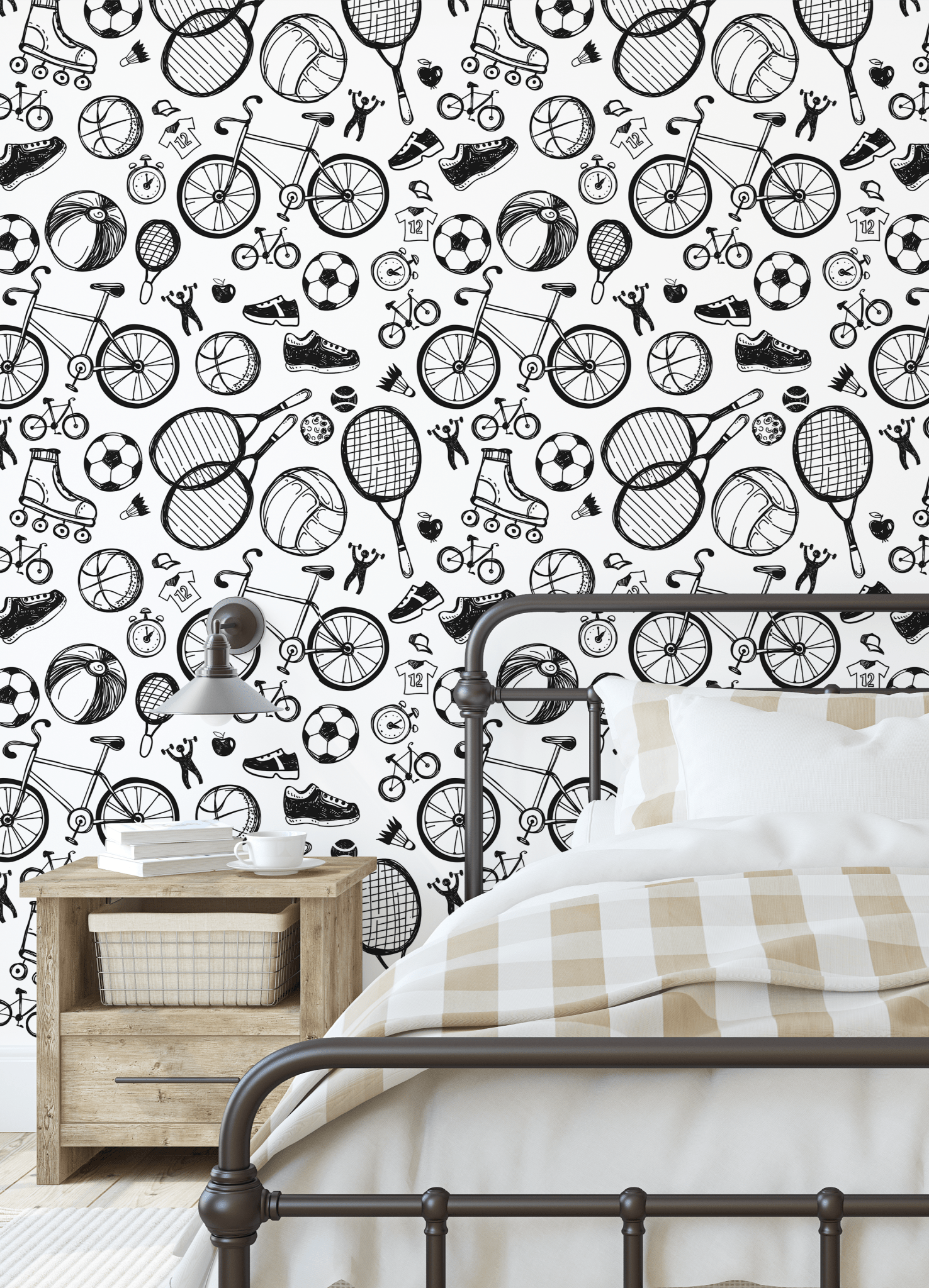 Retro sports wallpaper for a teenager's bedroom makeover.