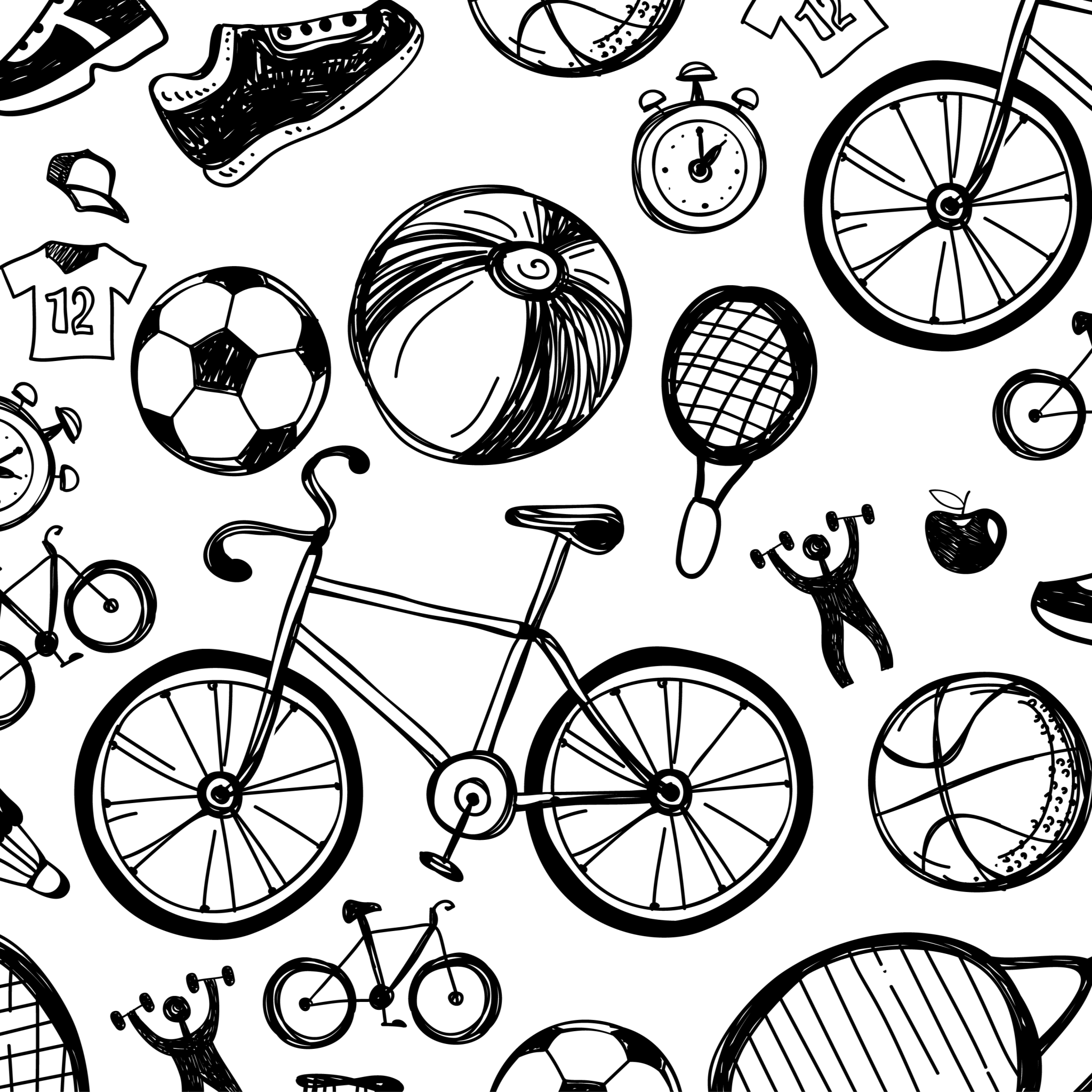 Close-up of retro sports wallpaper with hand-drawn icons in black and white.