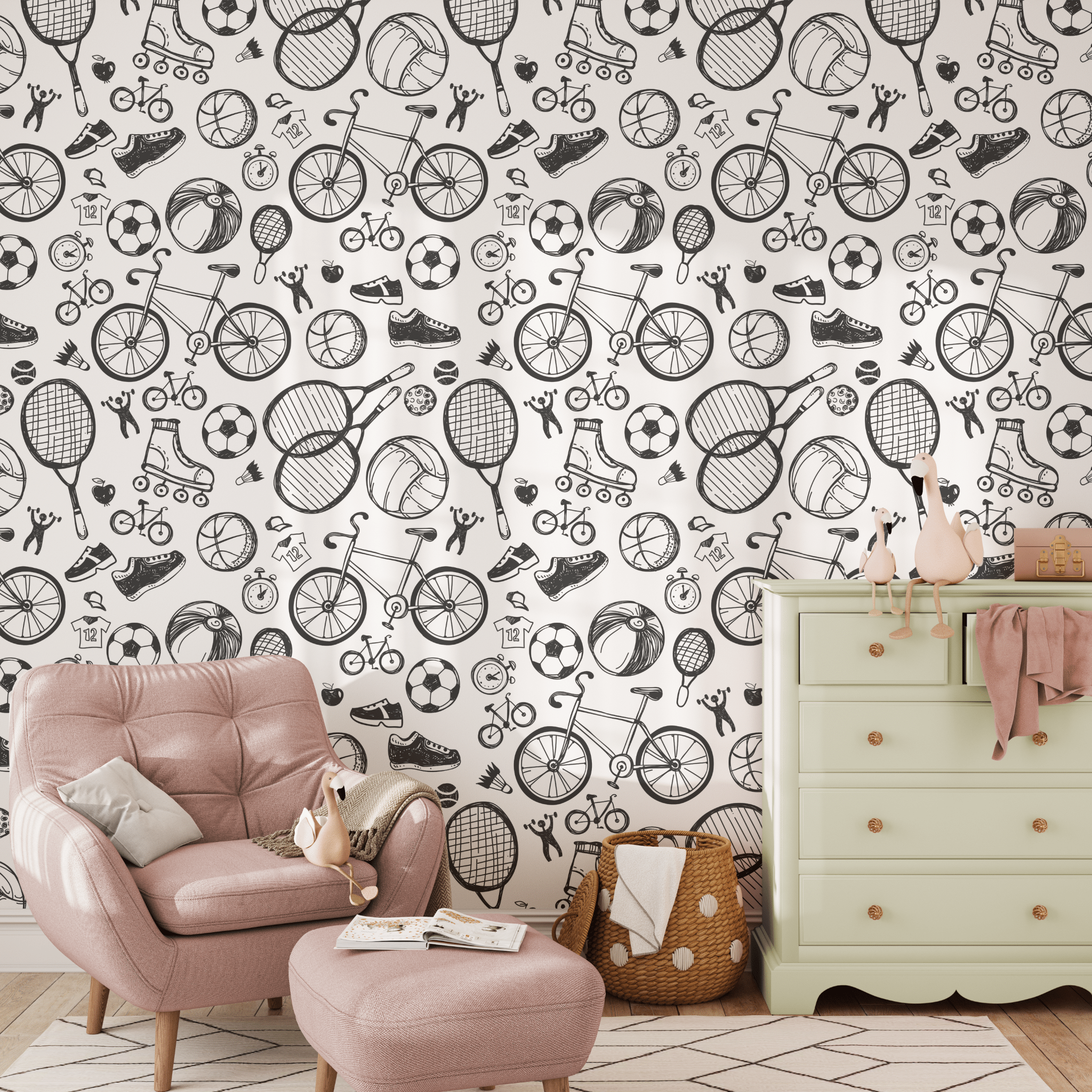 Retro sports wallpaper in a kids' room with pink chair and toys.