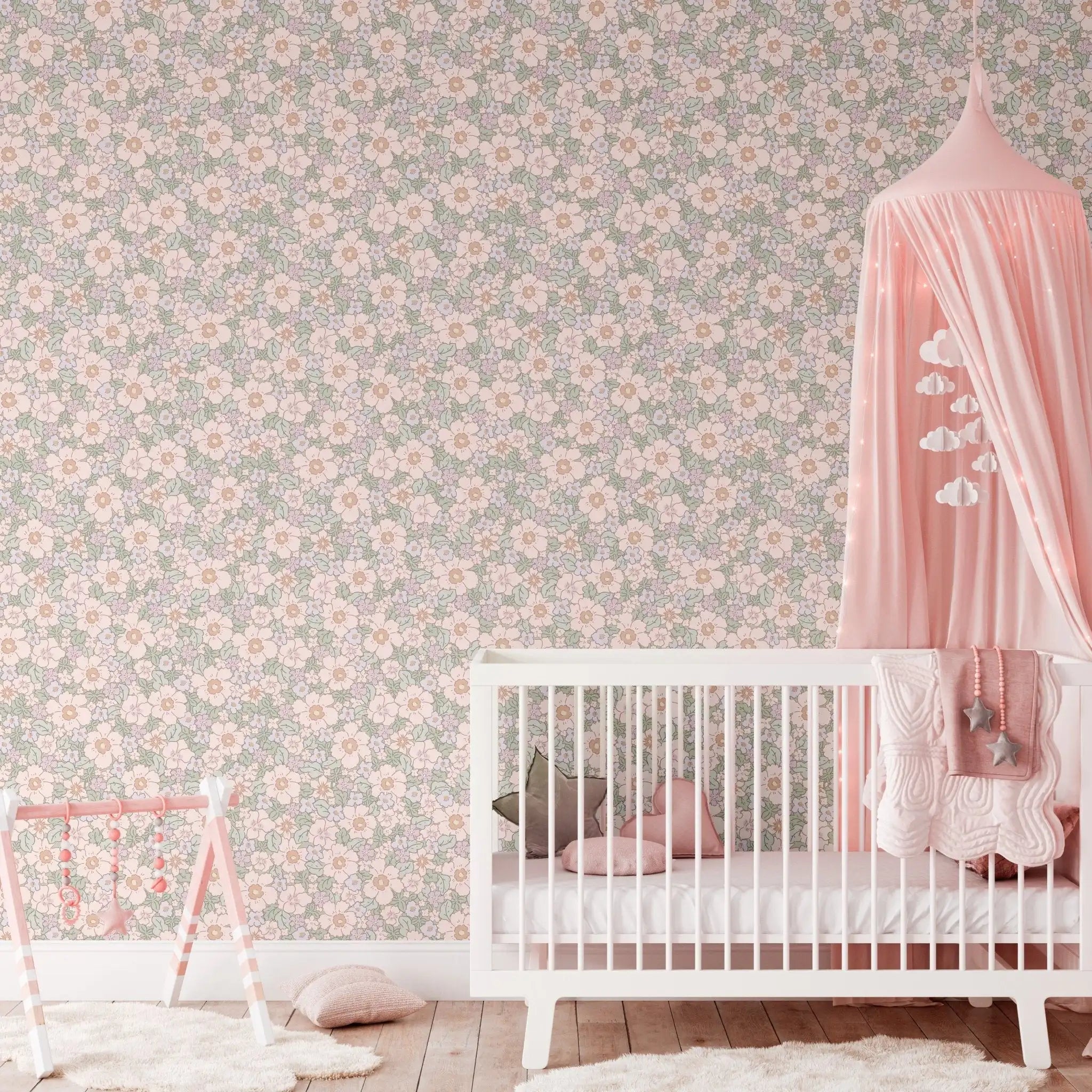 Rosewood floral wallpaper in baby nursery with pink canopy, white crib, and soft pastel decor for a romantic cottagecore look