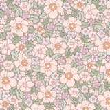 Seamless vintage floral wallpaper pattern with pink, lavender, and sage green flowers in a repeating botanical design