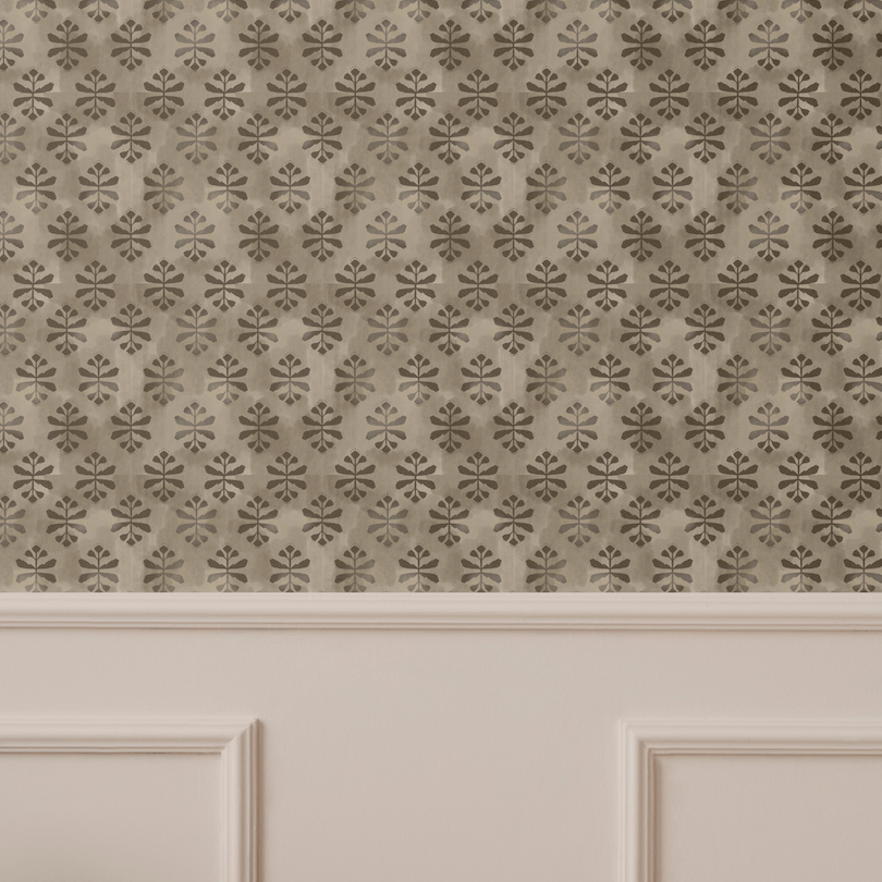 traditional pattern wallpaper above painted wall treatment in house interior