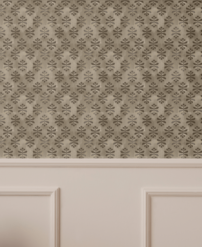 traditional pattern wallpaper above painted wall treatment in house interior