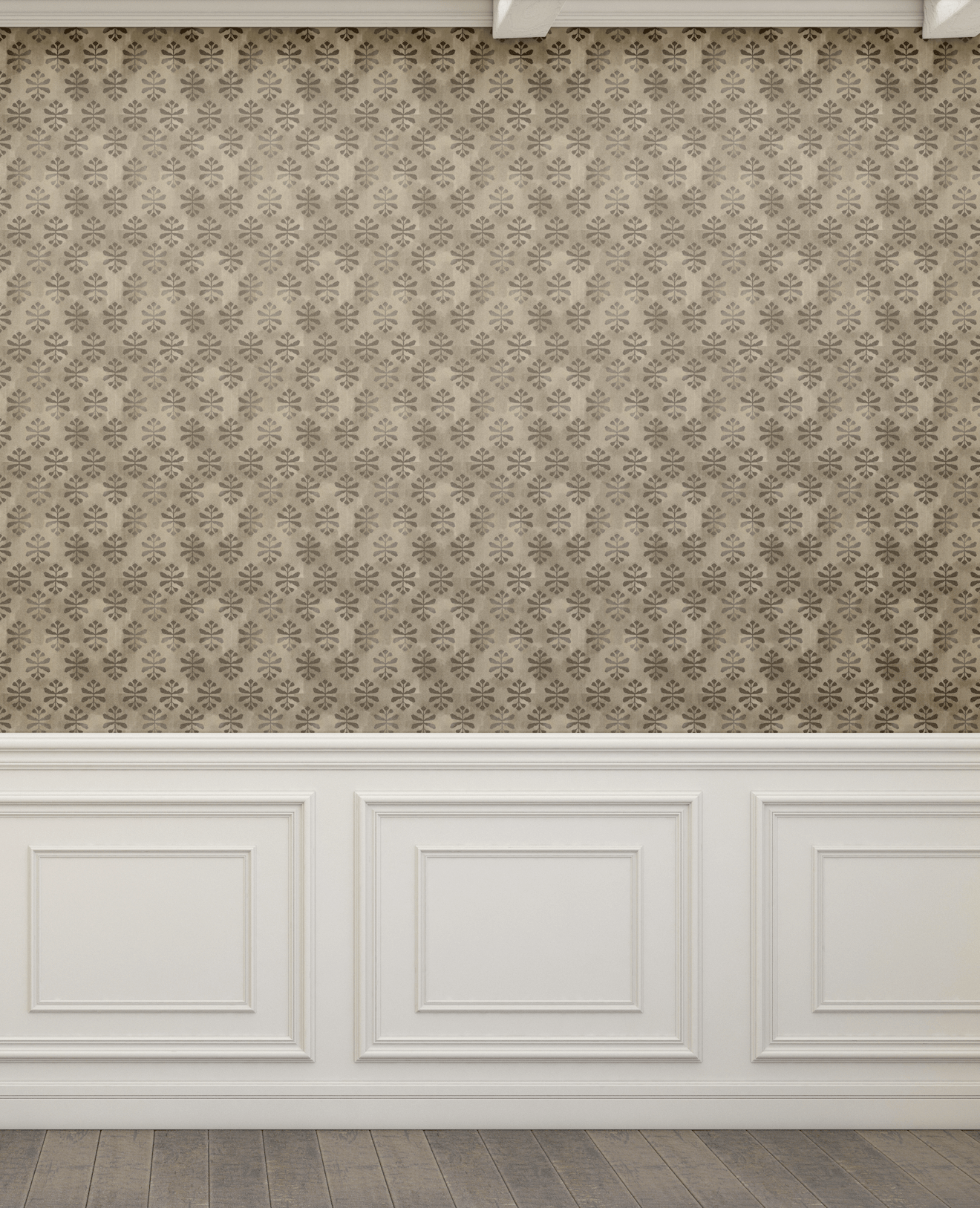traditional wallpaper above wainscotting in house