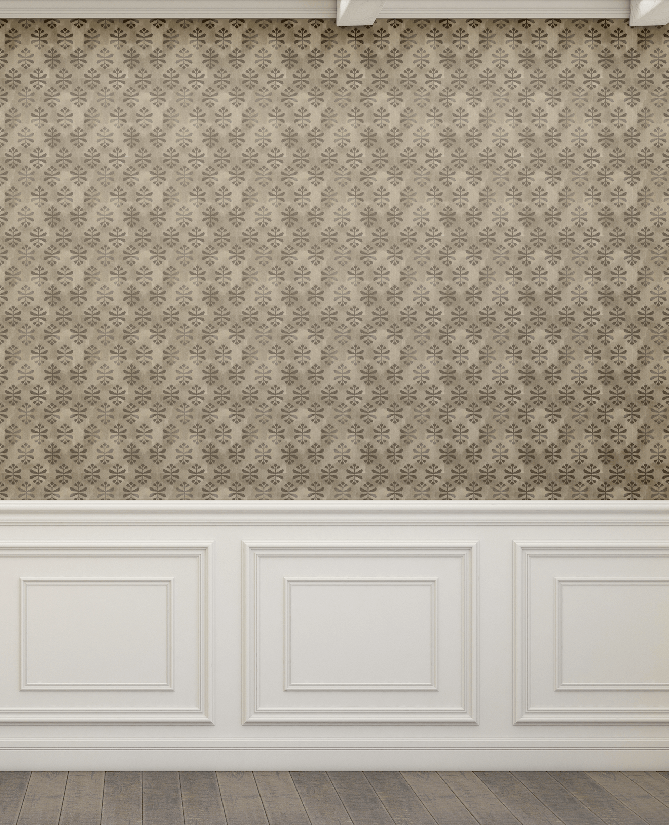 traditional wallpaper above wainscotting in house