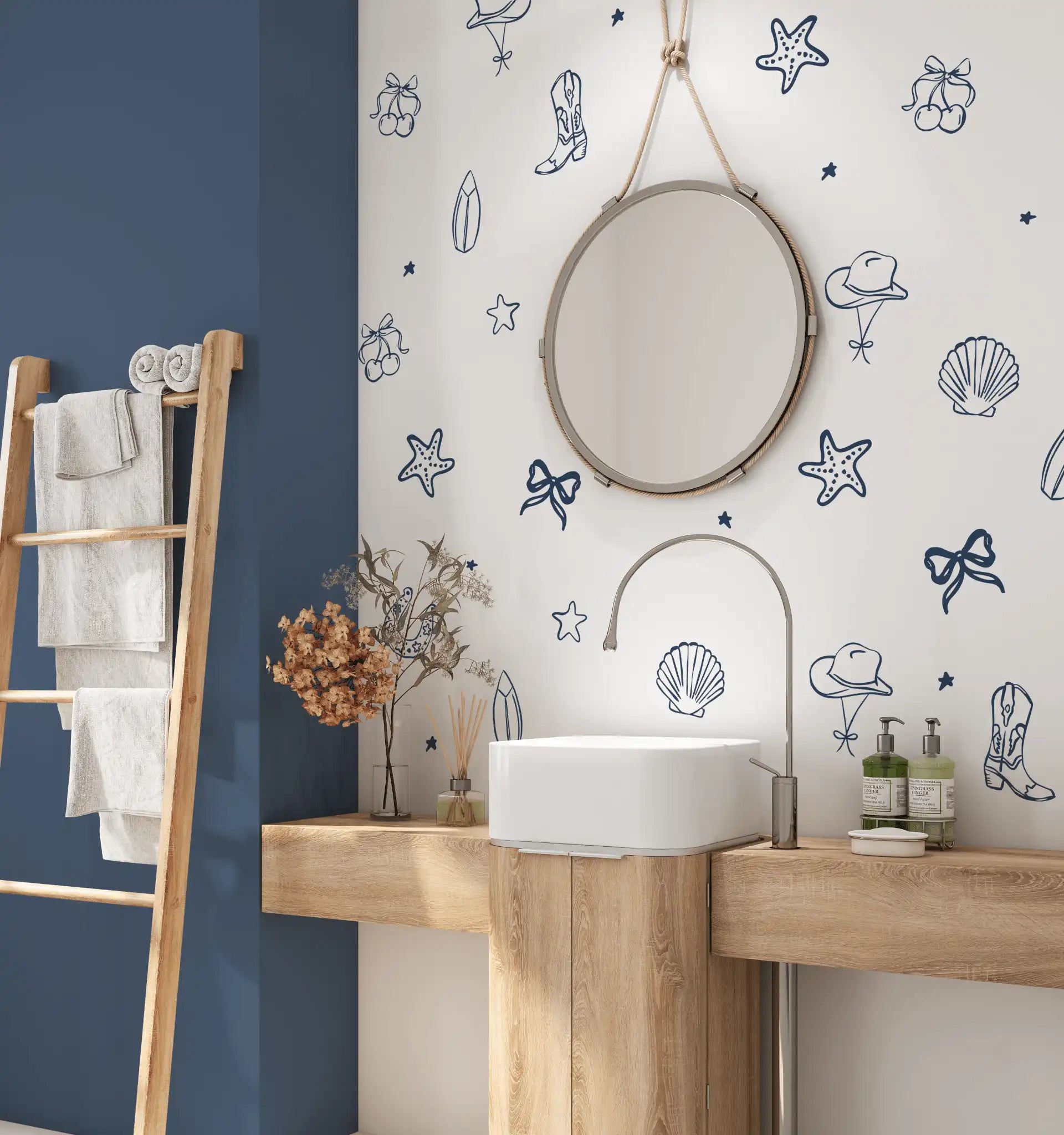 Navy coastal cowgirl decals in a modern bathroom with round mirror and wooden vanity