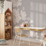 Trendy kids' study area featuring a desk and bookshelf with large peony wall decals in a neutral color palette. The removable floral decals bring a playful yet sophisticated touch to the functional workspace