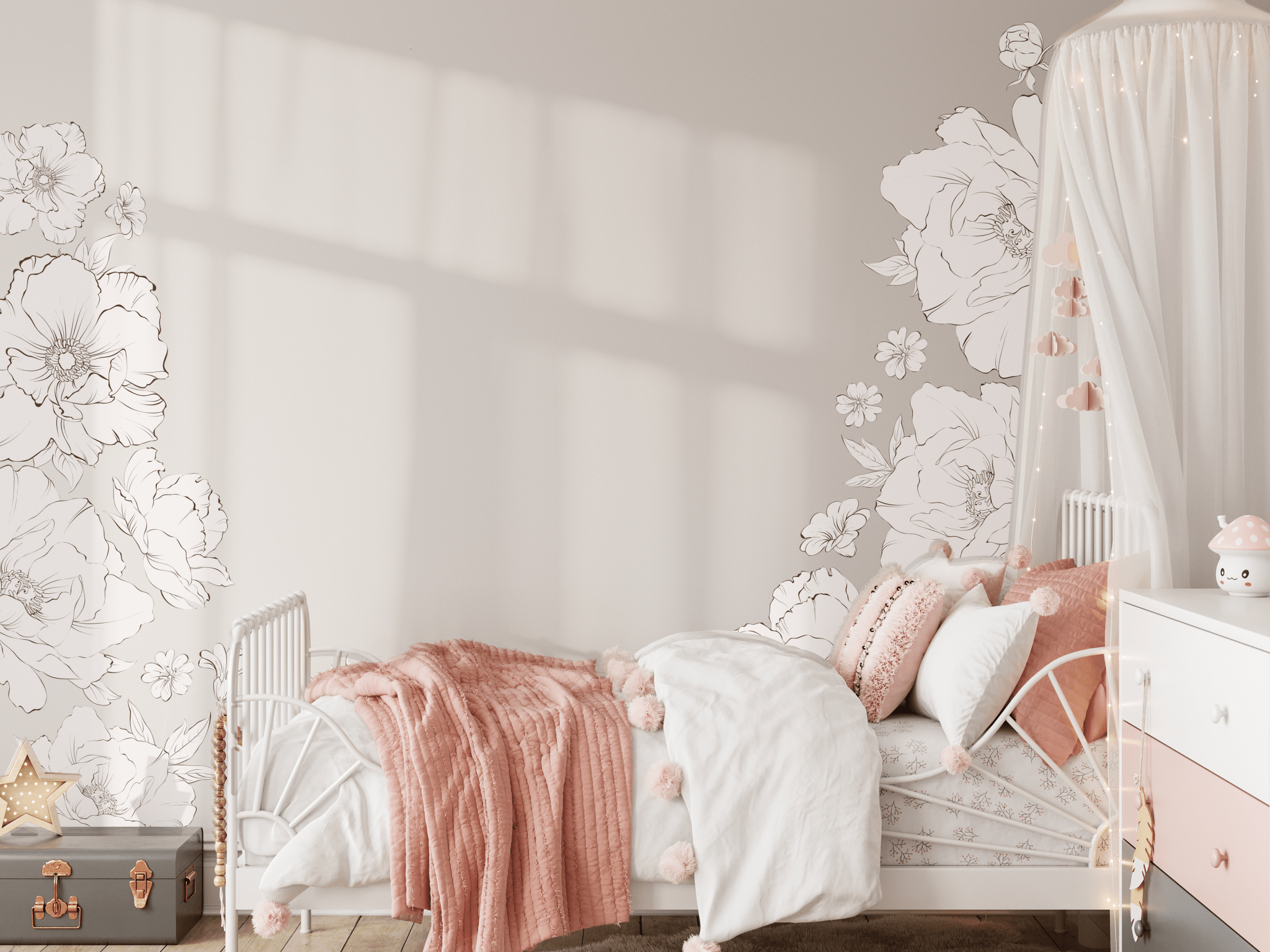Girls' bedroom decorated with soft pink and white bedding, featuring large peony wall decals that create a whimsical and serene atmosphere. The floral decals add a charming touch to the cozy, dreamy room