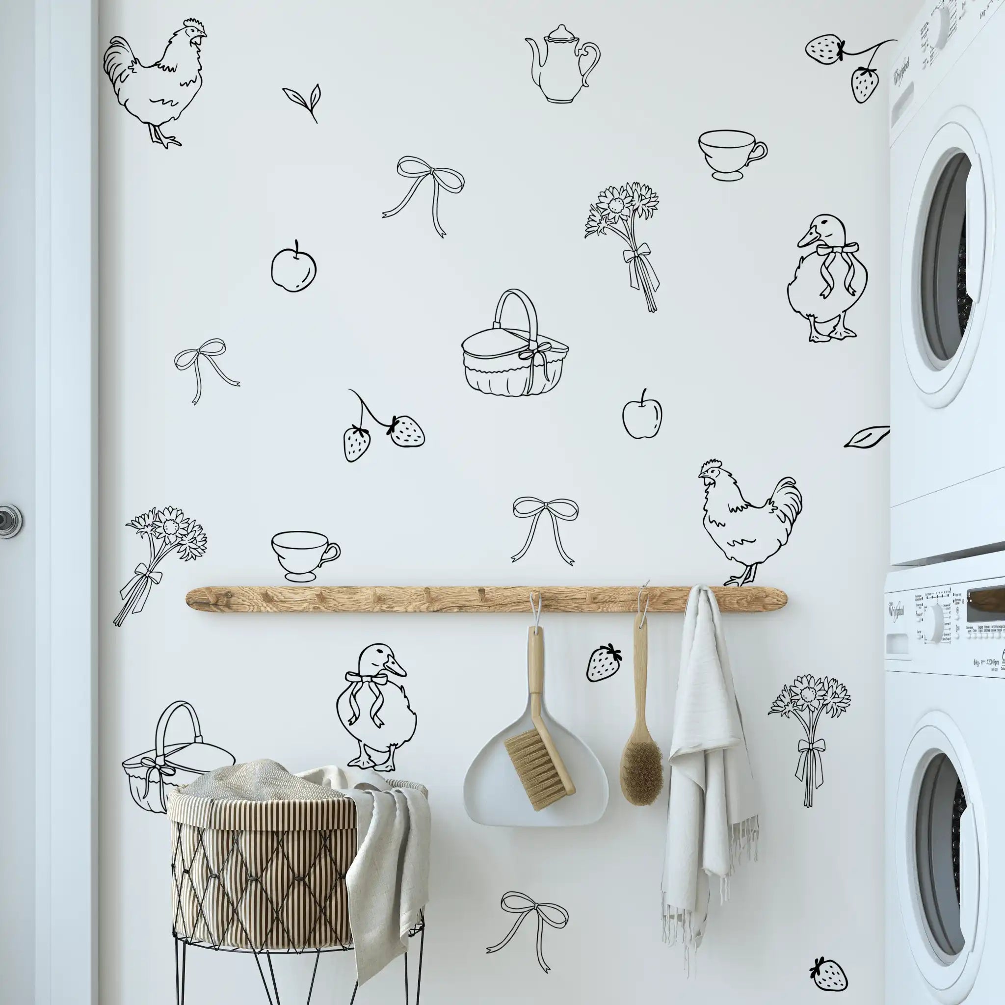 Farmhouse decals in laundry room with baskets and wood tones