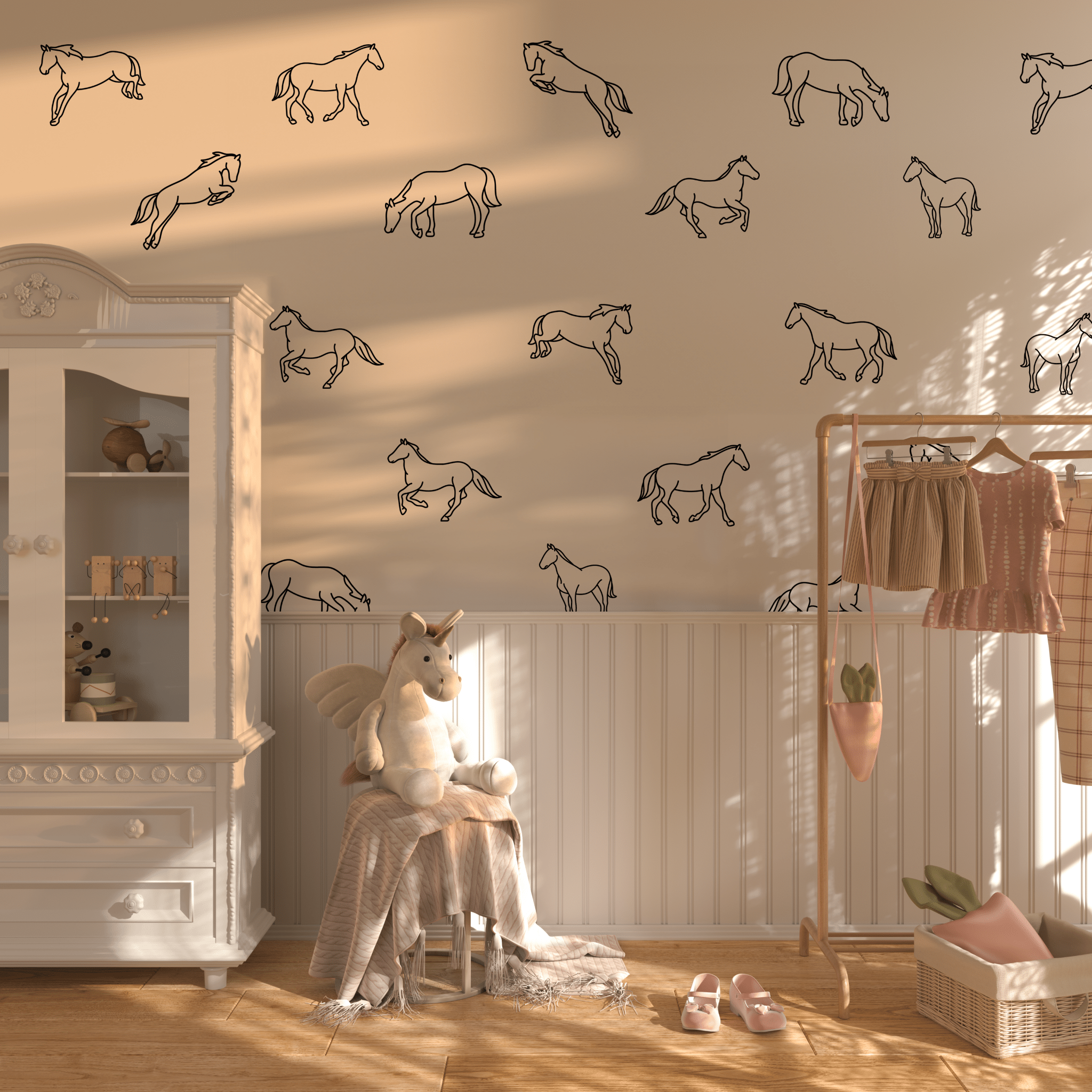 Simple horse decals in a sunlit girly bedroom with soft pink and wood accents