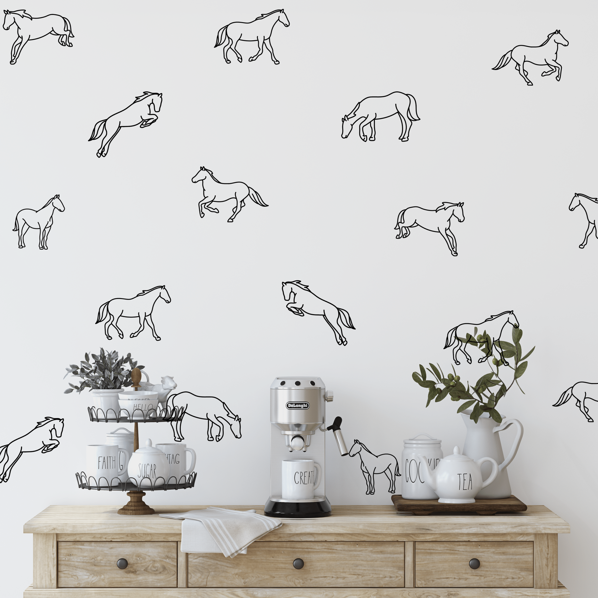 Black outline horse wall stickers above a farmhouse-style coffee bar