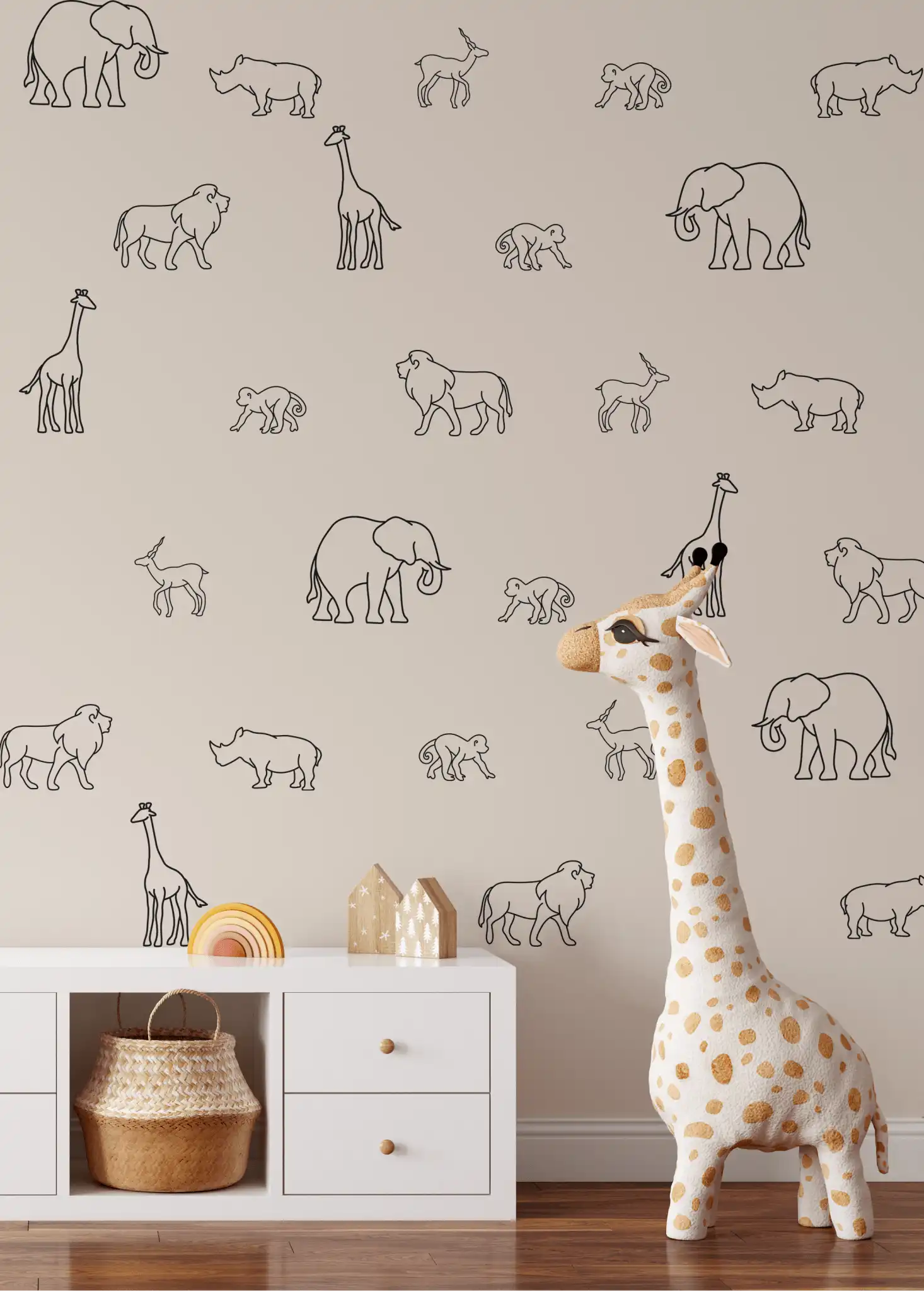 Safari animal wall decals on taupe wall behind neutral nursery furniture