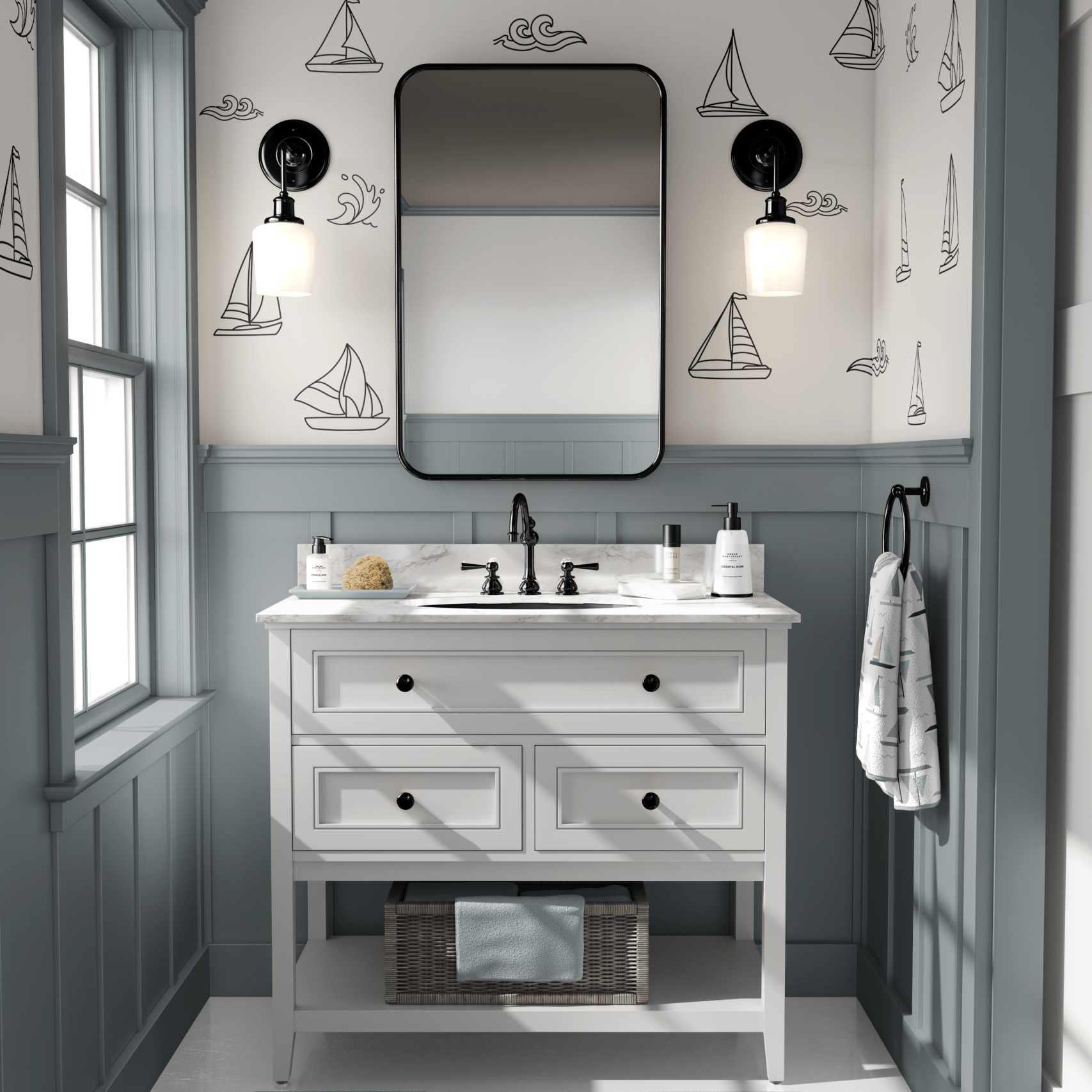 Beach bathroom with sailboat decals and wooden coastal elements