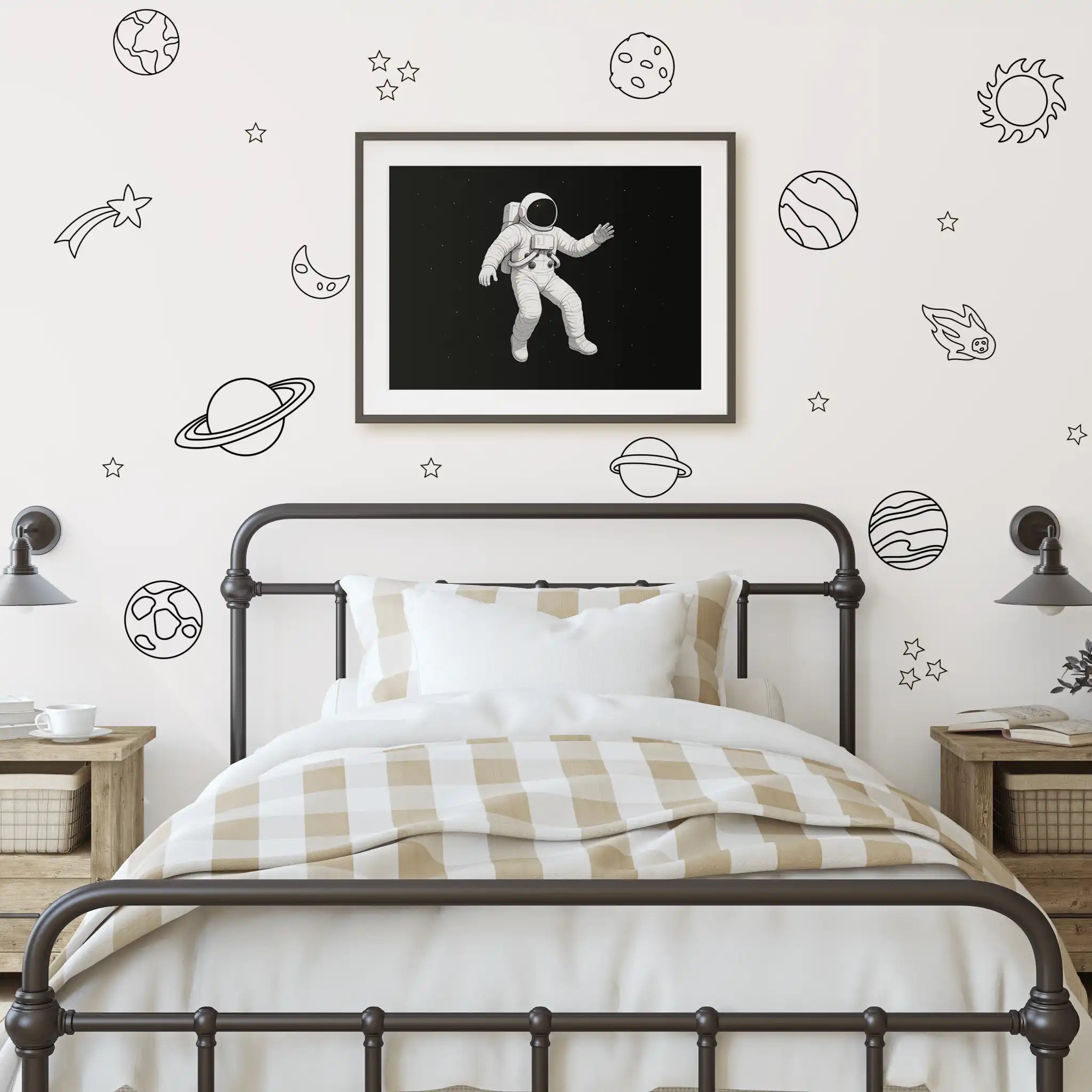Neutral-toned bedroom featuring Simple Space Decals above a framed astronaut print