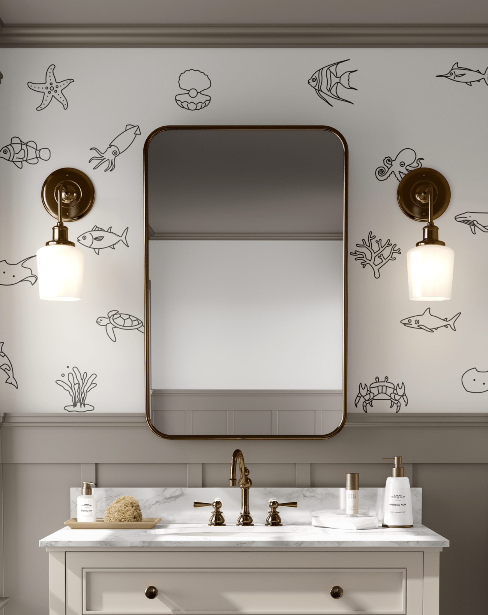 Minimalist bathroom featuring simple ocean animal wall decals in black outline, adding an elegant and whimsical underwater touch to the space."