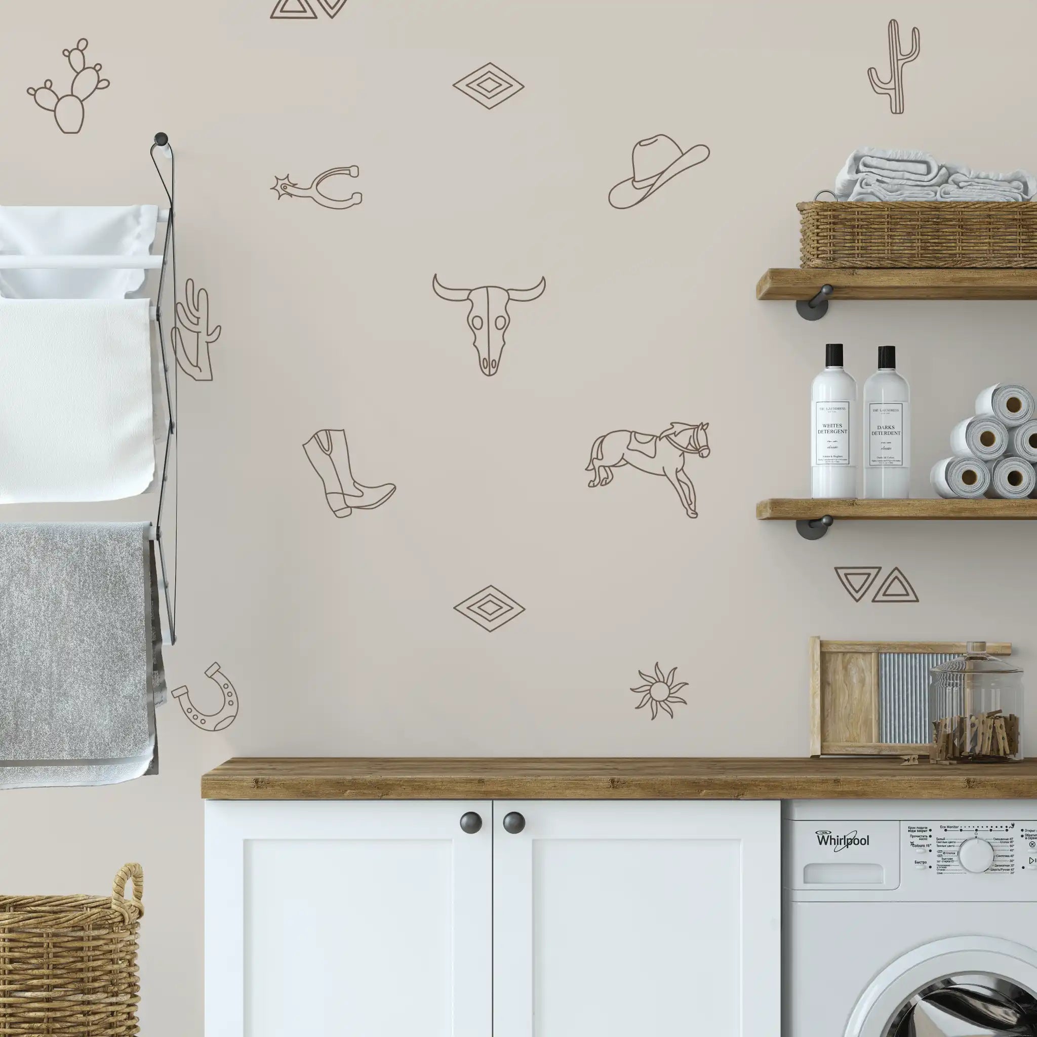 Cozy western-themed laundry room decorated with outlined cowboy boots, horses, hats, and cactus decals