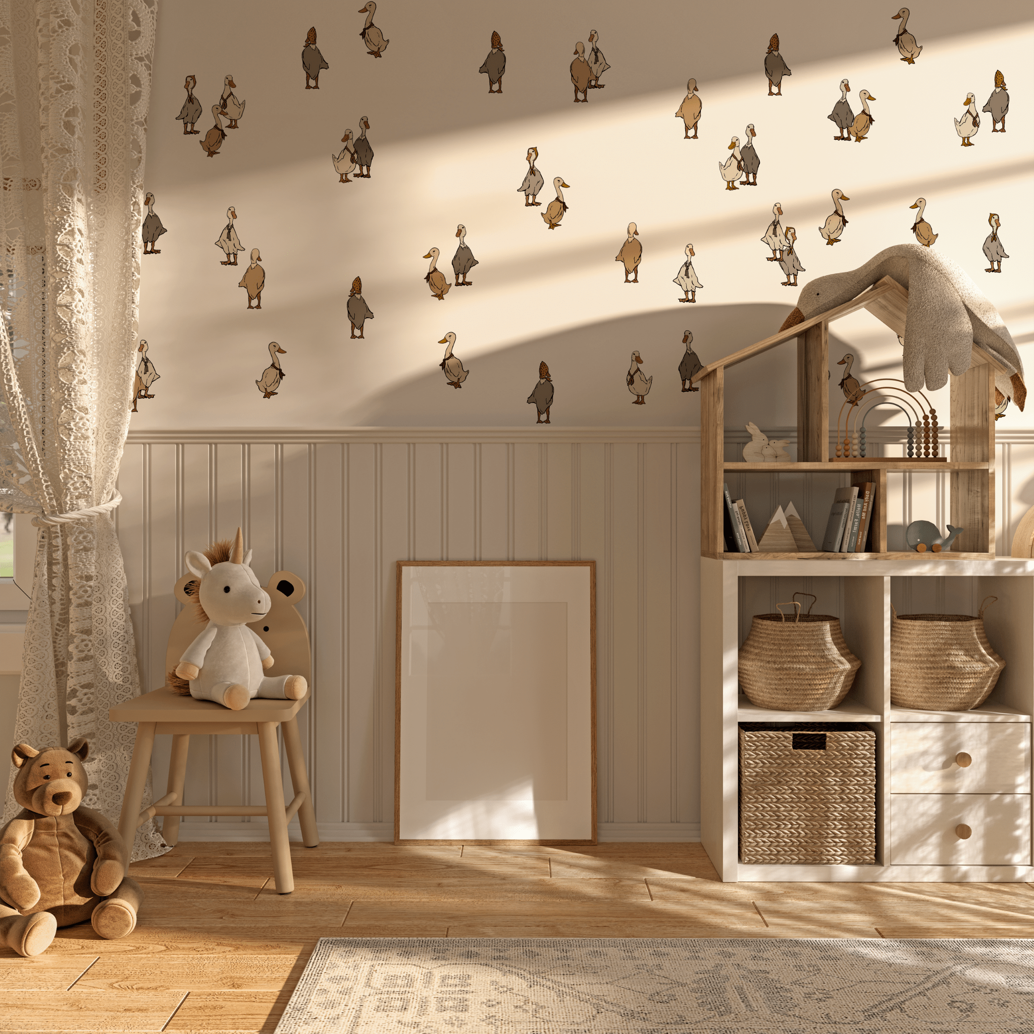 cozy children's room with playful Duck Duck Goose wall decals arranged above beadboard, adding whimsical charm to the space. The peel-and-stick decals feature ducks in various poses, creating a fun, storybook feel
