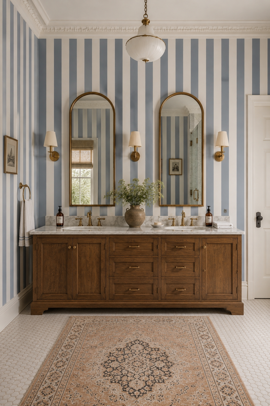 blue stripe wallpaper in classic english bathroom