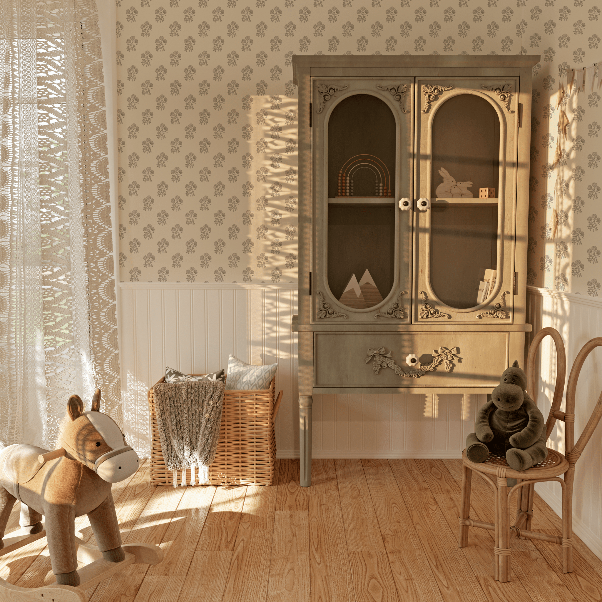 Classic English country wallpaper with delicate floral patterns in a nursery