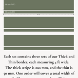 Detailed measurement chart for thick and thin stripe wall decals, showing sizes and coverage area.