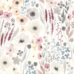 Close-up of the Vintage Anemones peel and stick wallpaper, showcasing a delicate watercolor floral design with soft hues of pink, blue, and grey against a cream background