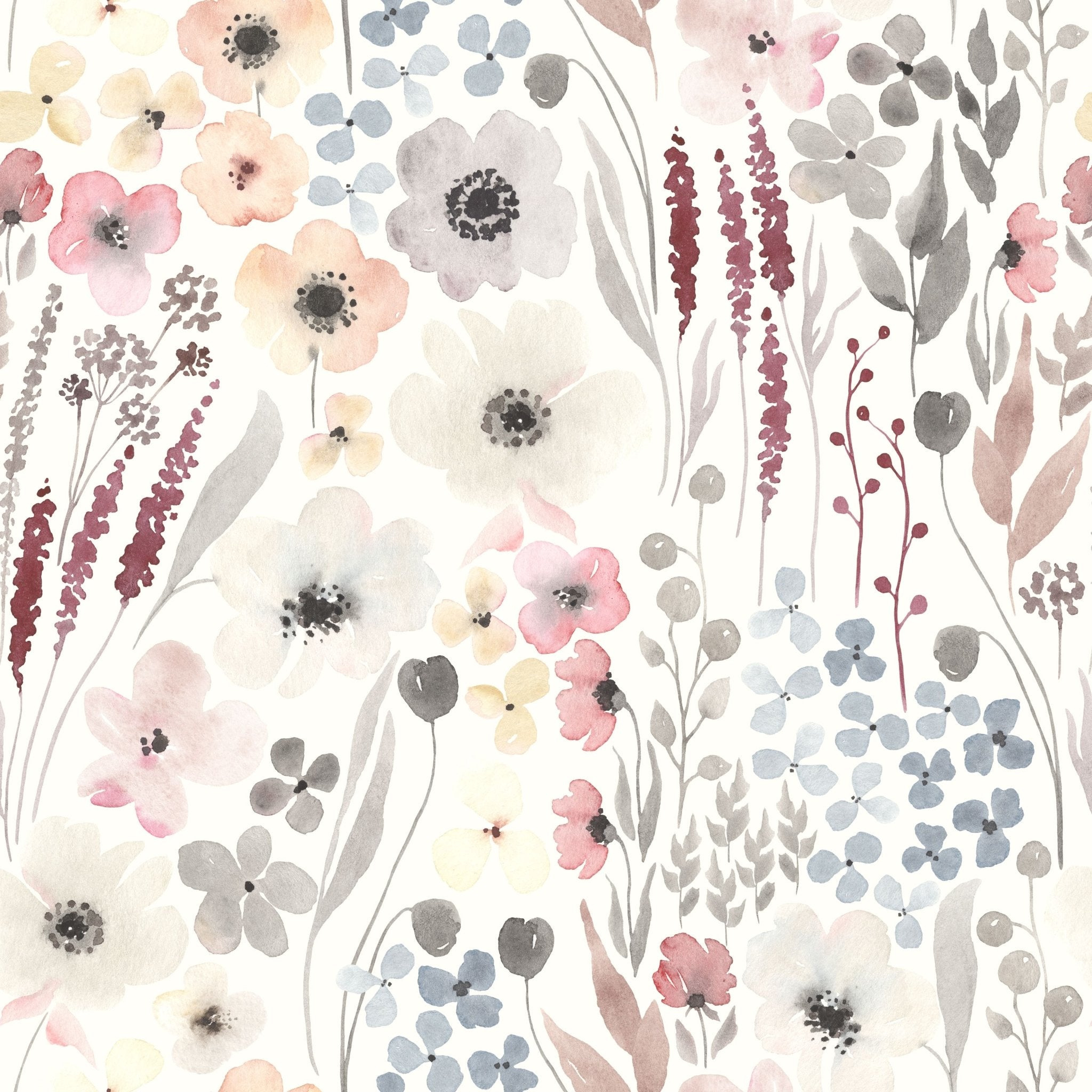 Close-up of the Vintage Anemones peel and stick wallpaper, showcasing a delicate watercolor floral design with soft hues of pink, blue, and grey against a cream background