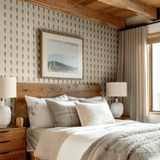 Neutral bedroom with Vintage Aster Wallpaper featuring small beige floral patterns and cozy wooden accents